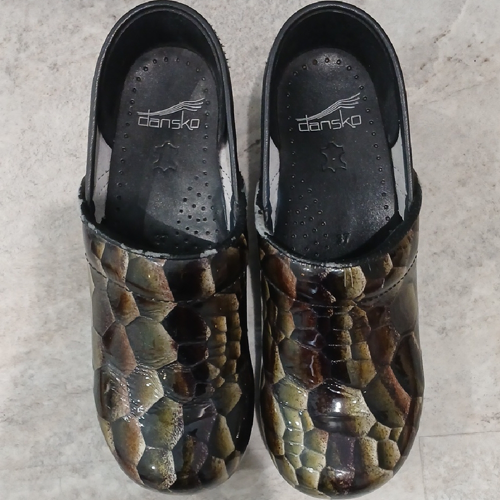 Dansko Green Snakeskin Print Clogs